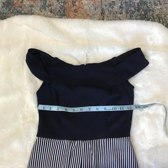 P Teeze Me Women Size 0 Off The Shoulder Maxi Romper Navy Blue White Stripe - Picture 10 of 11